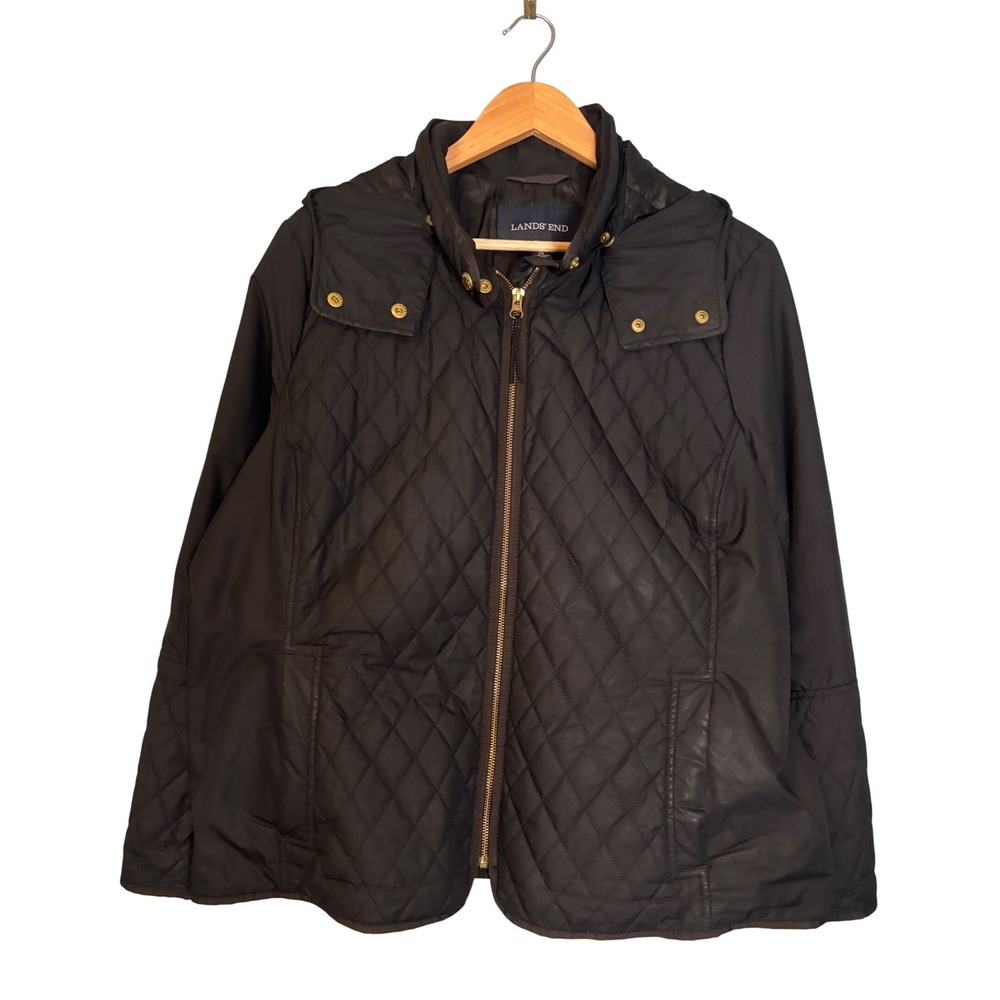 Lands End Women's Black Quilted Hooded‎ Jacket 18W Zip Up